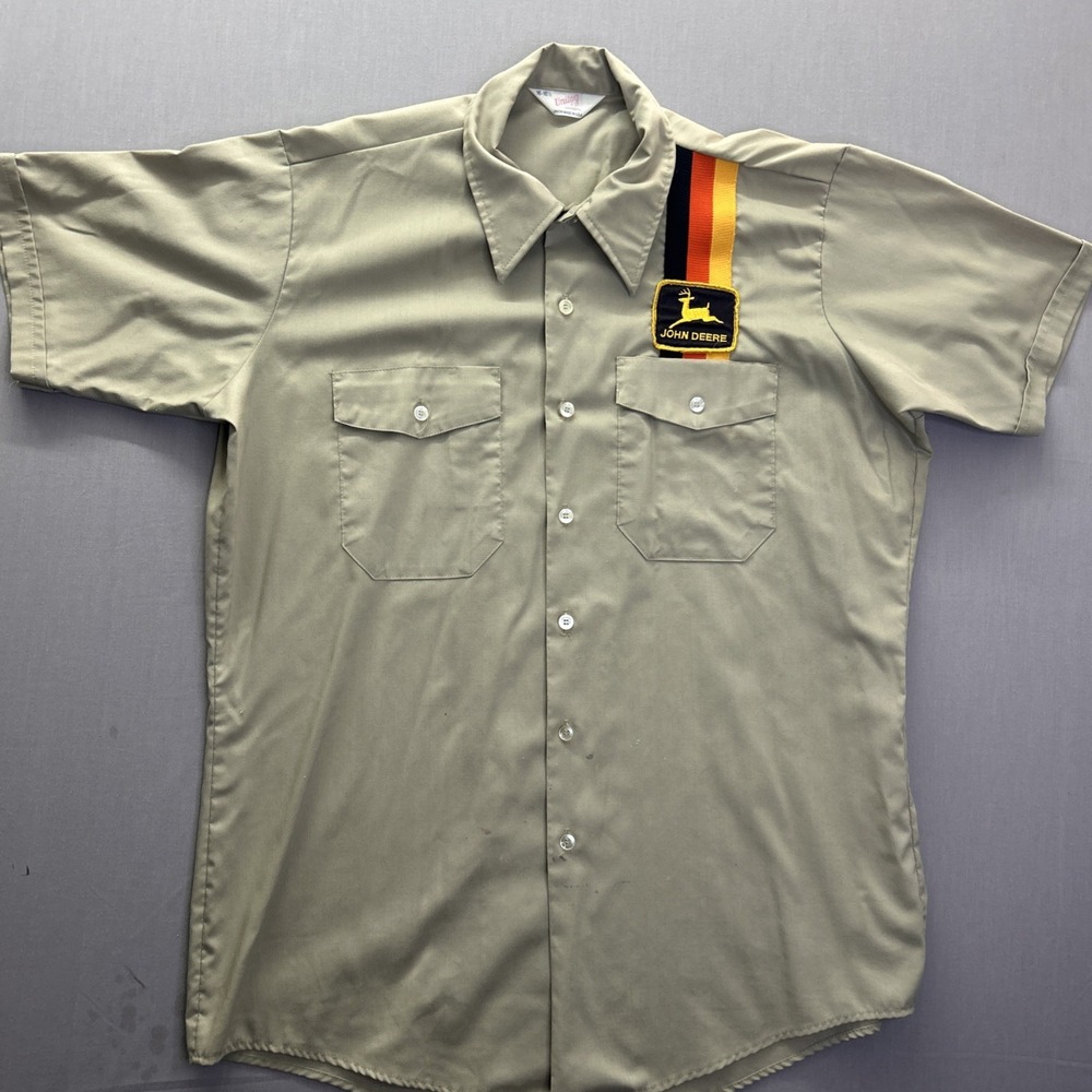 VTG 70s John Deere Mechanic Shirt Unitog Union Made USA 16-16.5 Falling Deer